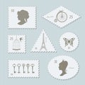 Vintage postage stamps different shapes set - triangle, square, round, oval, rhombus. Vector