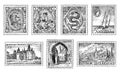 Vintage Postage stamps set. Ancient landscapes, dragon and sailing ship. Retro old Sketch. Monochrome Postcard. Hand Royalty Free Stock Photo