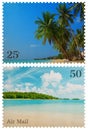 Vintage postage stamps with tropical beach