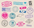 Vintage postage stamps vector set. Romantic date, love, valentines day collection