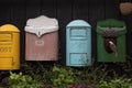 Vintage postbox, decorative set. Old fashioned mailboxes red blue green, garden decoration