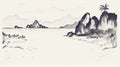 Elegant Inking Techniques: Illustration Of Dch Beach With Mountains And Surfboards