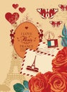 Paris banner with eiffel tower, roses and envelope