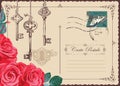 Vintage postcard with beautiful roses and old keys Royalty Free Stock Photo