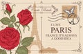 Vintage Postcard With The Eiffel Tower And Roses