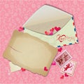 Vintage postcard, envelope, post stamps, paper hearts