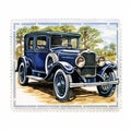 Vintage Car Stamp: Realistic Watercolor Art Deco With Bold Lithographs Royalty Free Stock Photo