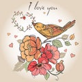 Vintage postcard flowers, birds, hearts, i love you. Can be used Royalty Free Stock Photo