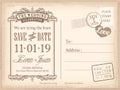 Vintage postcard save the date background for wedding invitation