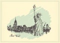 Vintage Postcard With Sketch Of The Statue Of Liberty And The Panorama Of New York
