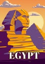 Vintage Poster Ancient Sphinx, Egypt Pharaoh Pyramids. Travel to Egypt Country, Sahara desert. Retro card illustration