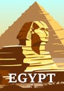 Vintage Poster Ancient Sphinx, Egypt Pharaoh Pyramids. Travel to Egypt Country, Sahara desert. Retro card illustration