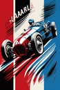 Vintage poster, beautiful woman racer, in red white and blue colors. Generative Ai