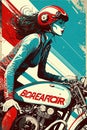 Vintage poster, beautiful woman racer, in red white and blue colors. Generative Ai