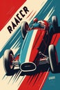 Vintage poster, beautiful woman racer, in red white and blue colors. Generative Ai