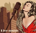 Vintage poster with cityscape , retro woman singer and moon. Red dress on woman. Retro microphone. Jazz, soul and blues live music