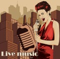 Vintage poster with cityscape , retro woman singer and moon. Red dress on woman. Retro microphone. Jazz, soul and blues live music