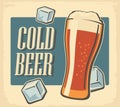 Vintage poster cold beer and ice cube. Retro label or banner design. Vector old paper texture bright background. For emblem, poste Royalty Free Stock Photo