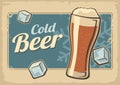 Vintage poster cold beer and snowflake. Retro label or banner design. Vector old paper texture bright background. For emblem, post Royalty Free Stock Photo