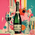 Vintage Poster Design: Champagne Bottle And Glasses In Colorful Surroundings