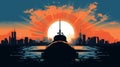 Vintage Poster Design Submarine Beneath City Skyline At Sunset