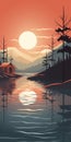 Vintage Poster Design: Sunset Over Lake With Cabin Royalty Free Stock Photo