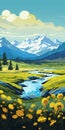 Vintage Poster Design: Whistlerian Mountains With Snow And Flowery Grassland