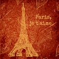 Vintage poster with Eiffel Tower on the grunge background. Retro illustration in sketch style ' I love Paris' Royalty Free Stock Photo