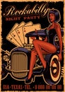 Vintage poster with girl devil on the classic car.