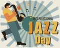 Vintage poster for International Jazz Day. Saxophonist on grunge vinyl record background. Retro poster, banner, flyer