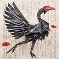 Vintage Japanese Photography Poster Of Calligrapher Creating Origami Black Swan