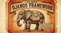 Vintage poster of a mechanical elephant promoting web development framework Royalty Free Stock Photo