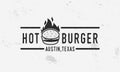 Hot Burger - logo, poster or banner template. Vintage poster for menu design restaurant, cafe or fast food. Vector illustration Royalty Free Stock Photo