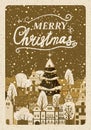 Vintage poster Merry Christmas and Happy New Year, winter old town cityscape. Urban landscape greeting card. Vector Royalty Free Stock Photo