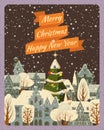 Vintage poster Merry Christmas and Happy New Year, winter old town cityscape. Urban landscape greeting card. Vector Royalty Free Stock Photo