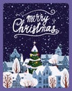 Vintage poster Merry Christmas and Happy New Year, winter old town cityscape. Urban landscape greeting card. Vector Royalty Free Stock Photo