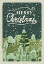 Vintage poster Merry Christmas and Happy New Year, winter old town cityscape. Urban landscape greeting card. Vector Royalty Free Stock Photo