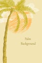 Vintage poster with palm tree, sun and clouds. Yellow tropical summer background with place for text. Invitation flyer, postcard, Royalty Free Stock Photo