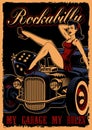 Vintage poster with pin up girl and classic car Royalty Free Stock Photo