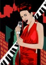 Vintage poster with retro woman. Red dress on woman. Retro microphone. Piano keys. Jazz, soul and blues live music concert poster. Royalty Free Stock Photo