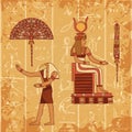 Vintage poster set with egyptian god, pharaoh, feather and fan on the grunge background with silhouettes of the ancient egyptian Royalty Free Stock Photo