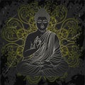 Vintage poster with sitting Buddha on the grunge background over ornate mandala round pattern.