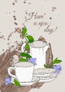 Vintage poster with teapot and cup and flowers of periwinkle on brown background