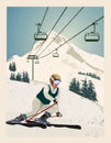 Vintage poster. Winter background. Mountain landscape with ski lift and experienced skier slides from the mountain