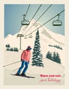 Vintage poster. Winter background. Mountain landscape with ski lift and skier slides from the mountain Royalty Free Stock Photo