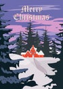 Vintage poster Winter village rural winter snow landscape, Merry Christmas retro greeting card Royalty Free Stock Photo