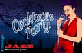 Vintage poster with woman singer and cocktail vector design template