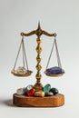 Vintage precision weighing scale with various gemstones, suitable for educational materials on gemology, historical