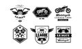 Vintage premium motorcycle league logo set, retro badges for biker club, motorcycle parts store, repair service vector