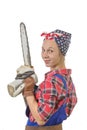 Vintage pretty young woman with a chainsaw